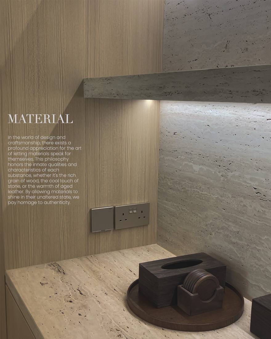 Material study — travertine and oak veneer