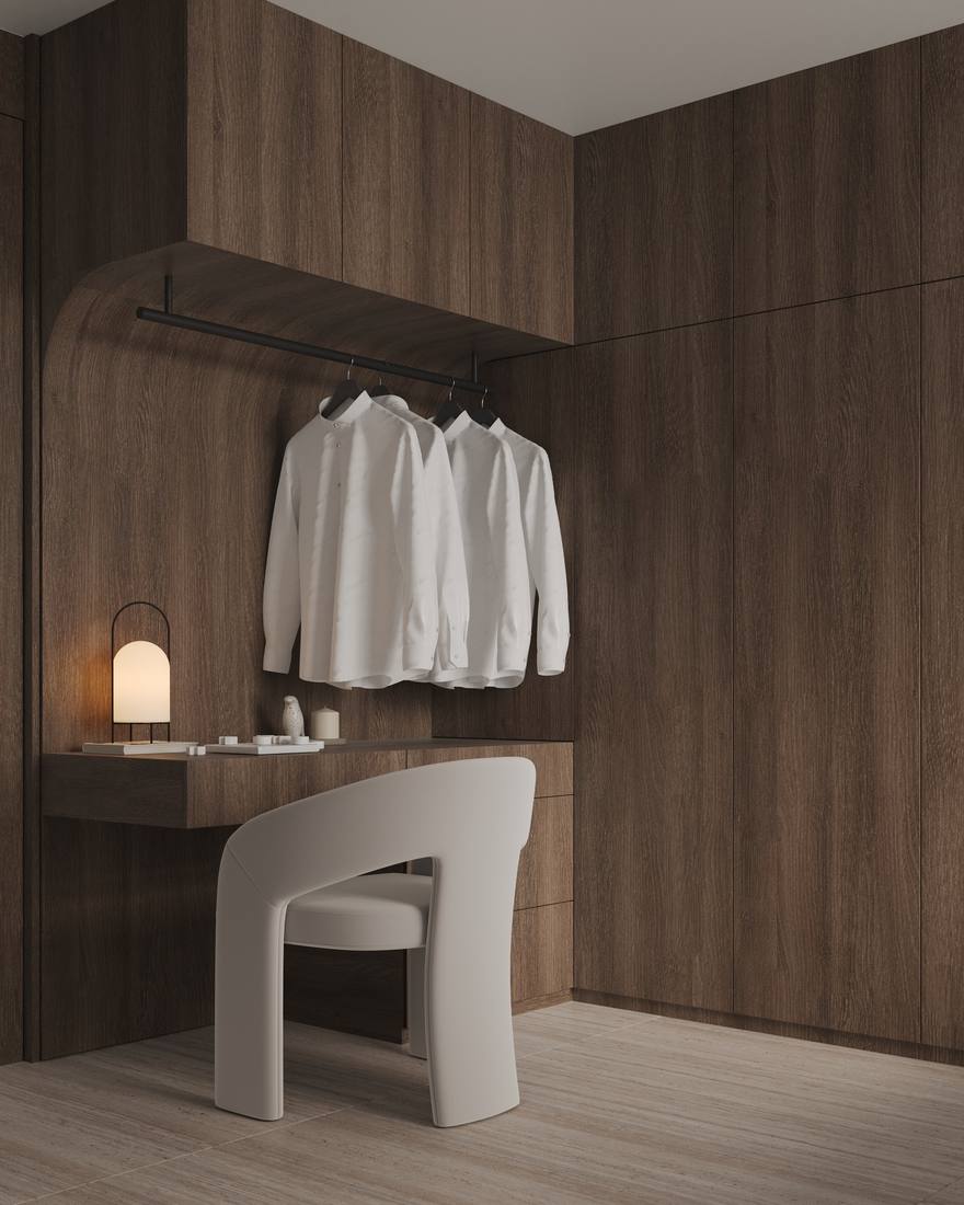 A rendered bedroom with a timber wardrobe wall
