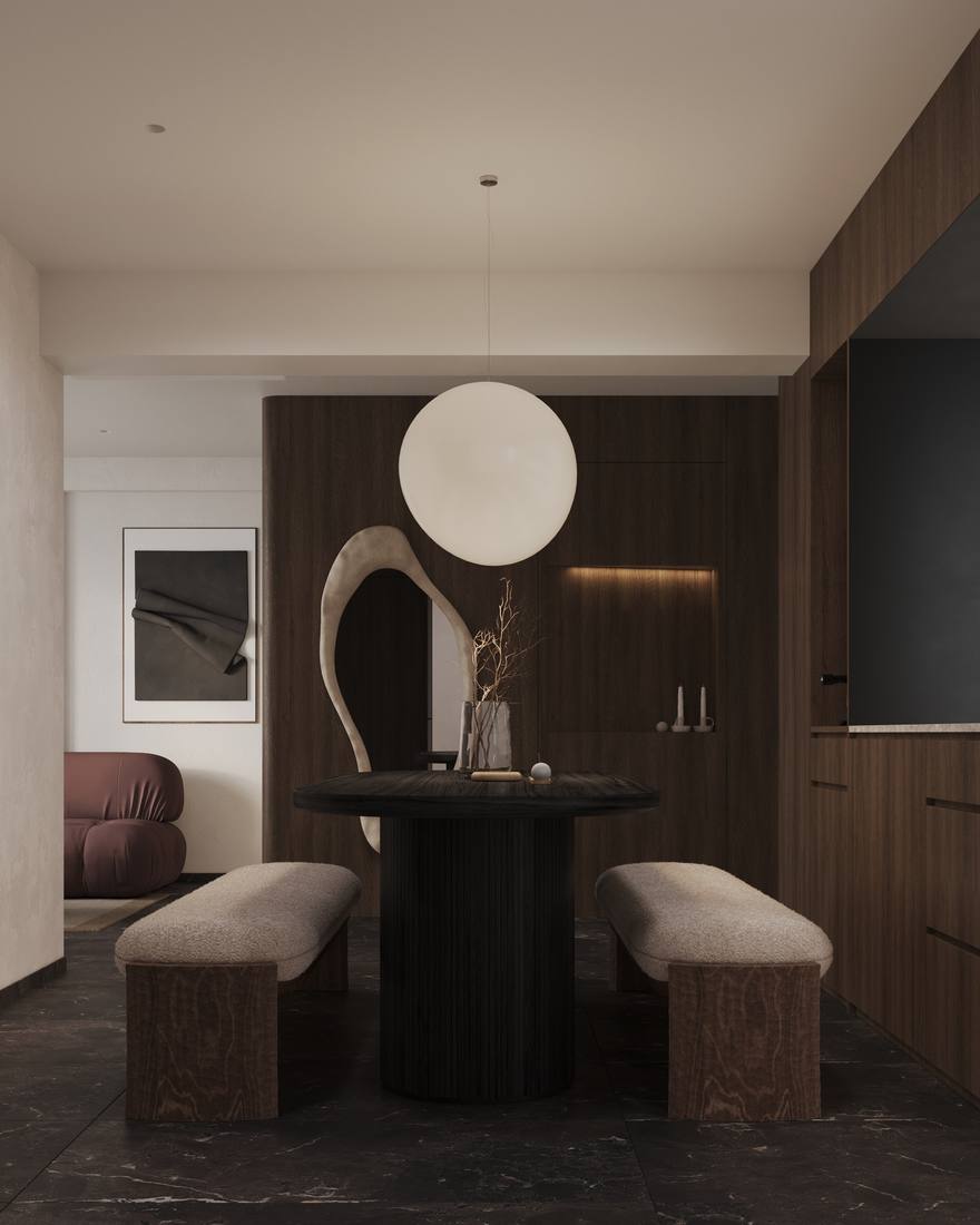 A rendered dining area with a globe pendant and bench seating