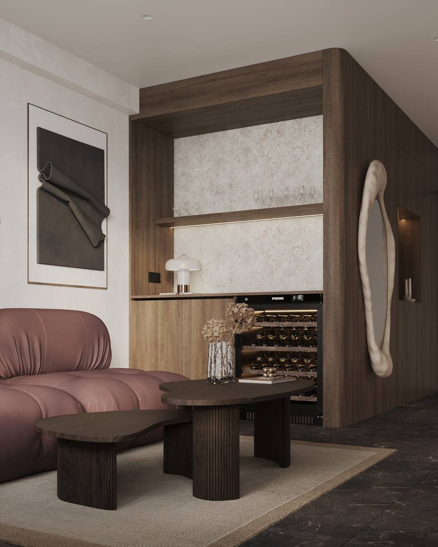 A rendered lounge with full-height curtains